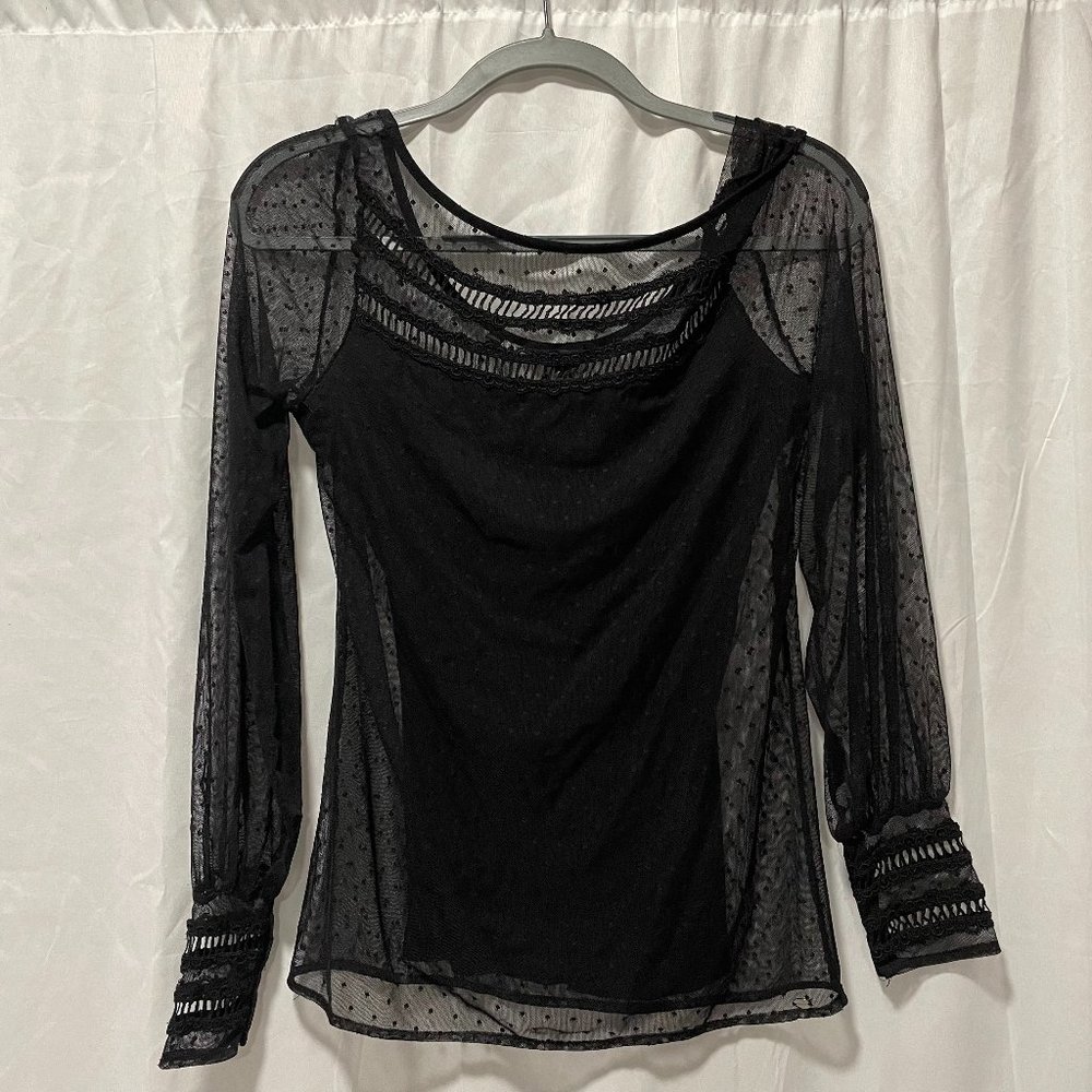 Guess Black Dotted Mesh and Lace Blouse